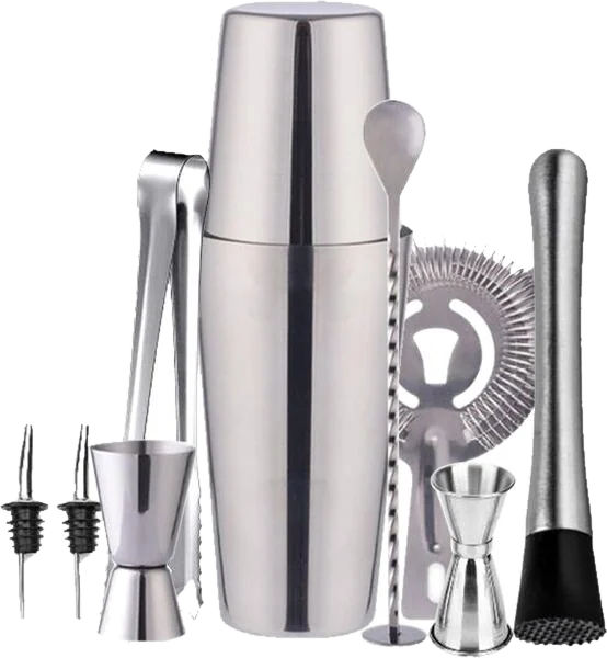 Madeira Set Da Cocktail Doppio Shaker 750ml Acciaio Inox Argento 10 Pezzi